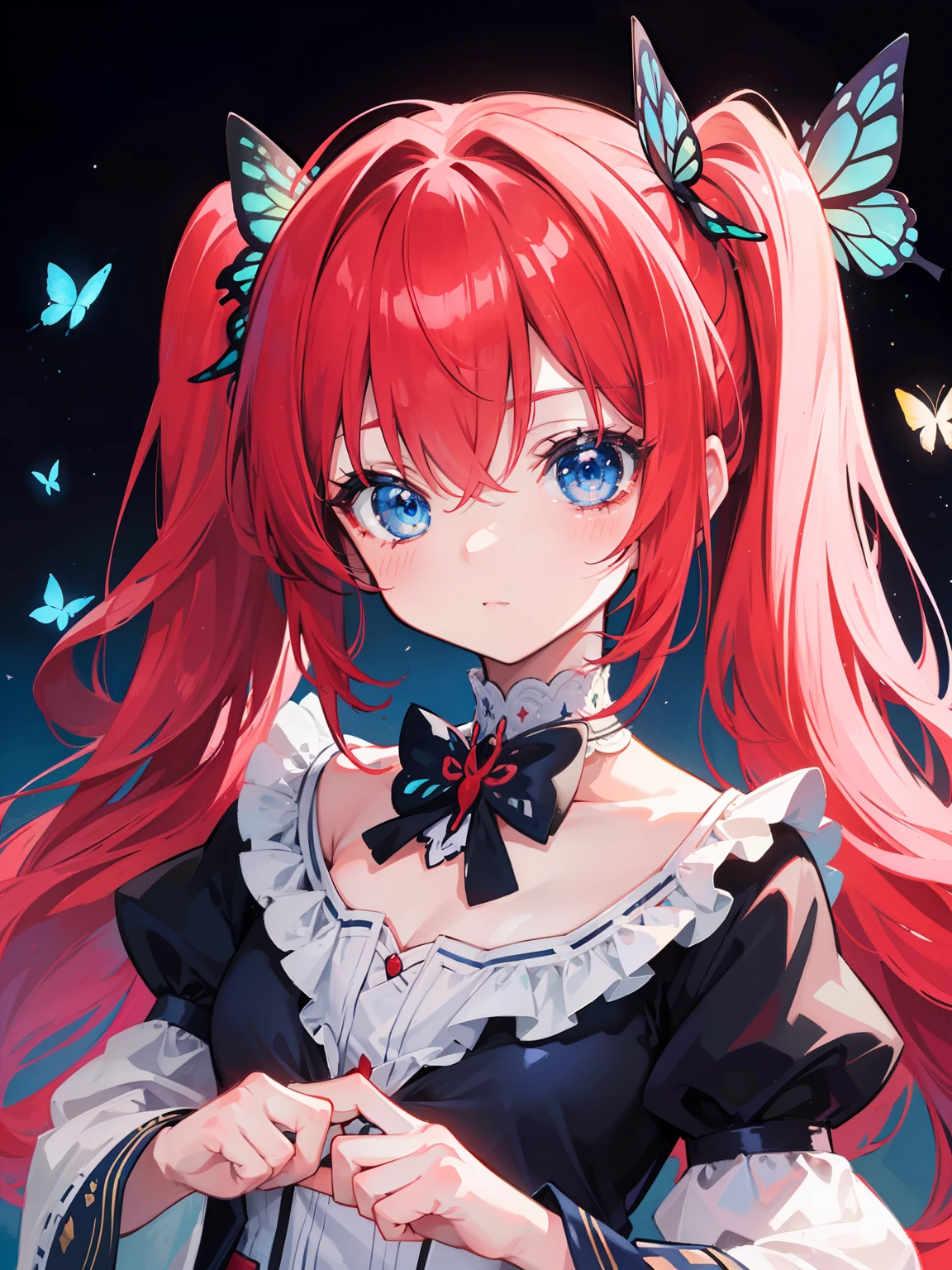 {{best quality}}, {{masterpiece}}, {{ultra-detailed}}, {illustration}, {detailed light}, red hair, blue eyes, girl, little girl, butterfly,Twintails,loli,cute,Kawaii