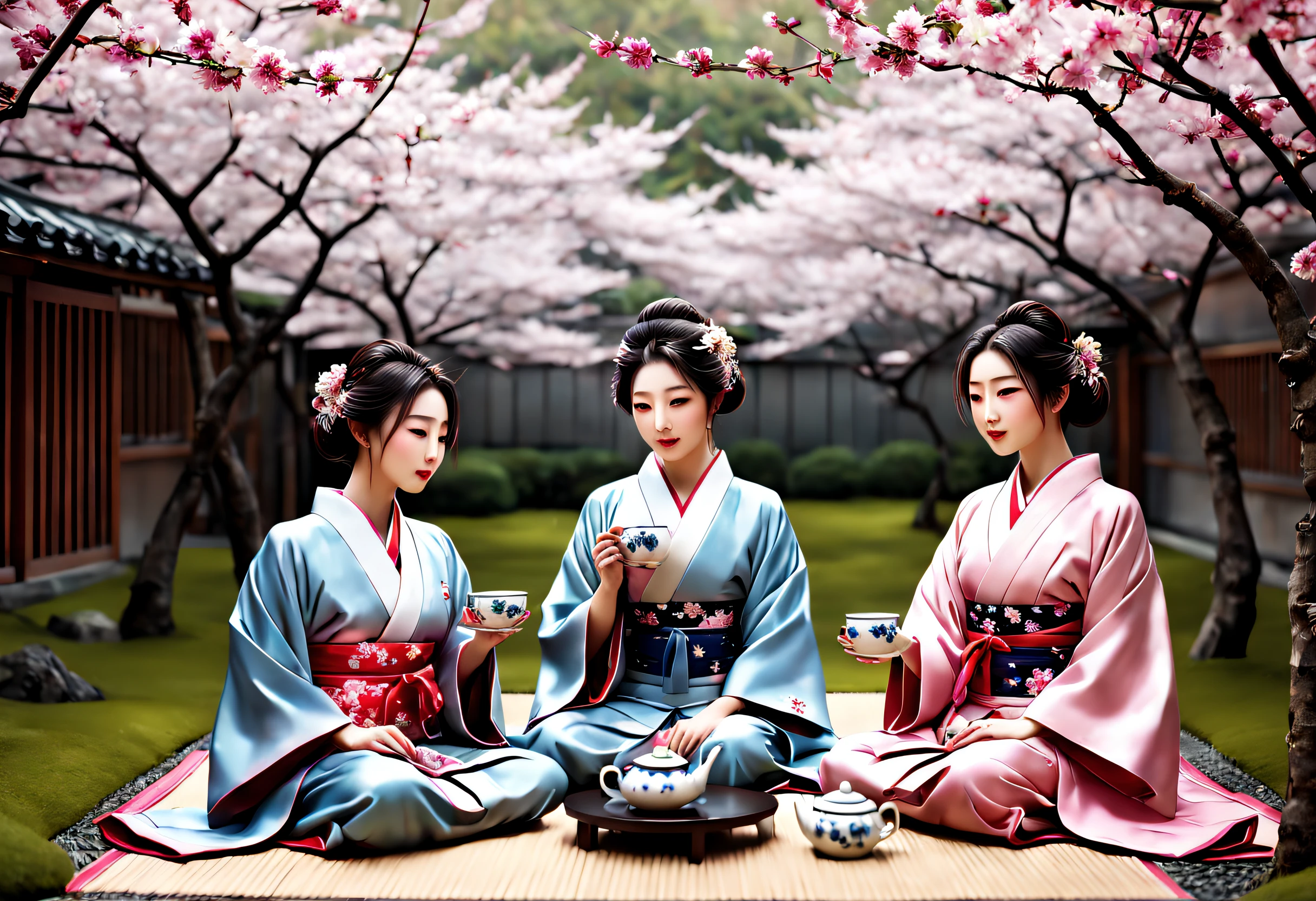 (best quality, 4k, 8k, high resolution, masterpiece: 1.2), ultra detailed, (realistic, photorealistic, photorealistic: 1.37),A group of elegant Japanese women, dressed in traditional kimonos and sitting on tatami mats, (gracefully drinking tea in a serene garden: 1.34) (best quality, realistic: 1.37), surrounded by vibrant cherry blossom trees. The women have porcelain skin and fascinating almond-shaped eyes, accentuated by long eyelashes. Her lips are delicately painted with a soft pink tone. The scene was captured with a professional camera that beautifully captures the intricate details of the women's kimonos and the delicate folds of the cherry blossoms. The colors are vivid and rich, with a warm tone that evokes a feeling of tranquility. The lighting is soft and natural, casting a soft glow on the women's faces and illuminating the cherry blossoms with a touch of magical glow.