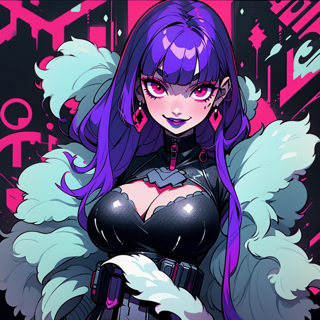 ((Sozinho)). personagem feminina com cerca de 30 anos. corpo maduro com seios grandes e decote. vestindo roupas pretas, um traje estilo cyberpunk. ela tem um sorriso atrevido. olhos vermelhos. cabelo roxo comprido com franja reta. Ela usa delineador e batom preto nos lábios. ela parece uma modelo de capa de revista. um estilo de cor combinado de neon e escala de cinza. o fundo tem chuva