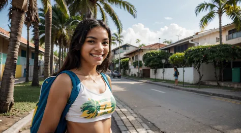 Create an image of a Brazilian student from Rio de Janeiro, walking on the university campus. She has brown skin and straight, black hair that gently falls over her shoulders. Her eyes are brown and expressive, reflecting the typical liveliness and joy of ...