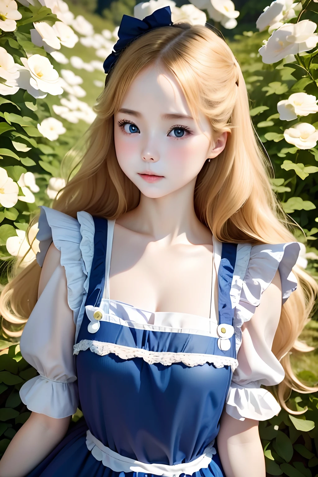 best quality, ultra highres, photoreaslistic, a photography of a cute girl, detailed face, (PureErosFace_V1:0.008), Alice in Wonderland, 13yo, blonde wavy hair, white apron, blue dress, playing card pattern background, no make-up