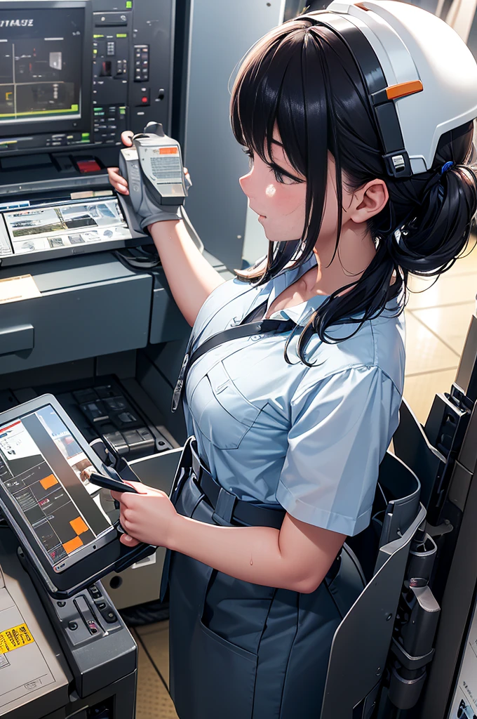 （Looking away, high-detail、Every angle、Any Pose、Every Shot）、inside factory、In front of the machine tool、Shy laughter、Safety helmet、Woman in office work、tight skirts、protective goggles、Sweat all over the body、（Outerwear opens the chest）、Wet thin shirt、Have a tablet、