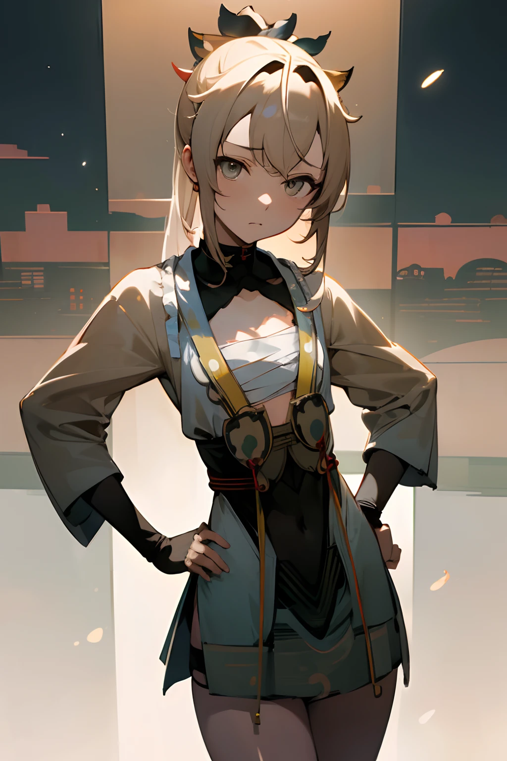 ((Kazama iroha)), ((Masterpiece)), (High Definition:1.3), (Professional Photography:1.2), (ponytail), (flat body), (exposed chest), flat chest, (very glare), open legs wide, cinematic lighting, high_resolution, distinct_image, detailed background ,girl, post-apocalypse, place hands on hips, (silky long hair), post-apocalyptic City landscape