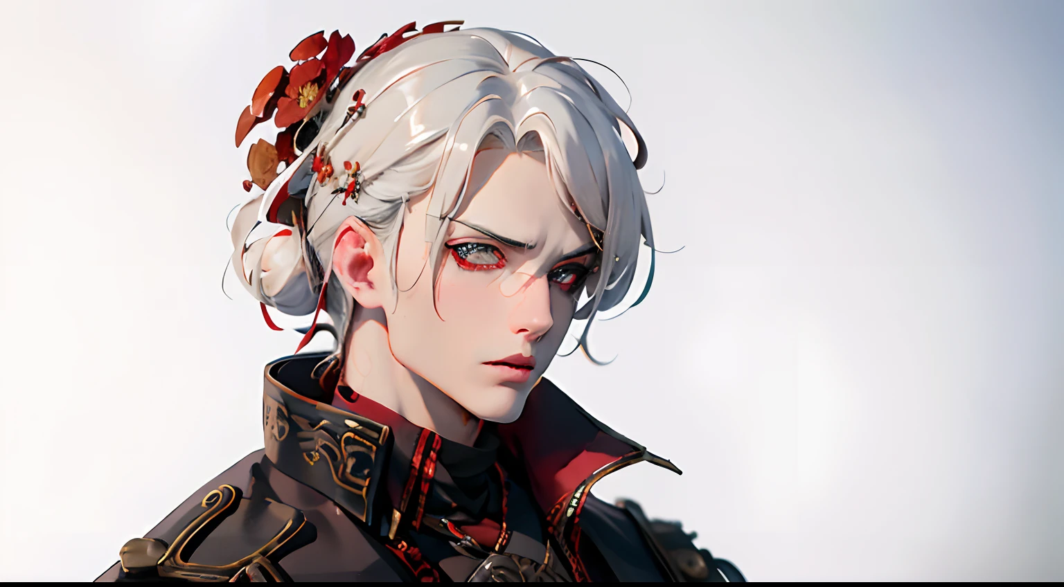 Man with white hair, Red Mask and Flower, Portrait of a cyberpunk samurai, 8k portrait rendering, hyperdetailed fantasy character, Portrait of a Bloody Hunter, ornate cosplay, rococo cyberpunk, cinematic bust portrait, steampunk male portrait, ornate mask and fabrics, Unreal 5. rpg portrait, very beautiful cyberpunk samurai, cinematic bust shot