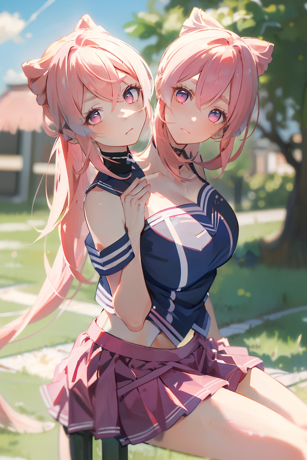 (masterpiece, best quality), best resolution, (2heads:1.5), 1girl, kokomi character, pink hair, pink eyes, heads pressed together, different facial expressions, the two heads are pressed firmly together, weary, tired, weary, cheerleader uniform, black plaited skirt, breathing heavily