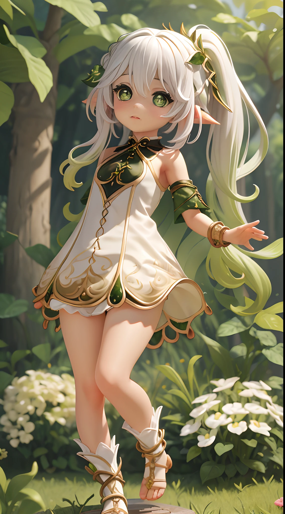 Nahida, 1girl in, White hair, High quality, Best Quality, masutepiece, (Highly detailed:1.2), (Extremely detailed:1.3), flat chest, String Ribbon, High-waisted skirt, Blouse, Bare shoulders, Full body, (figurine)