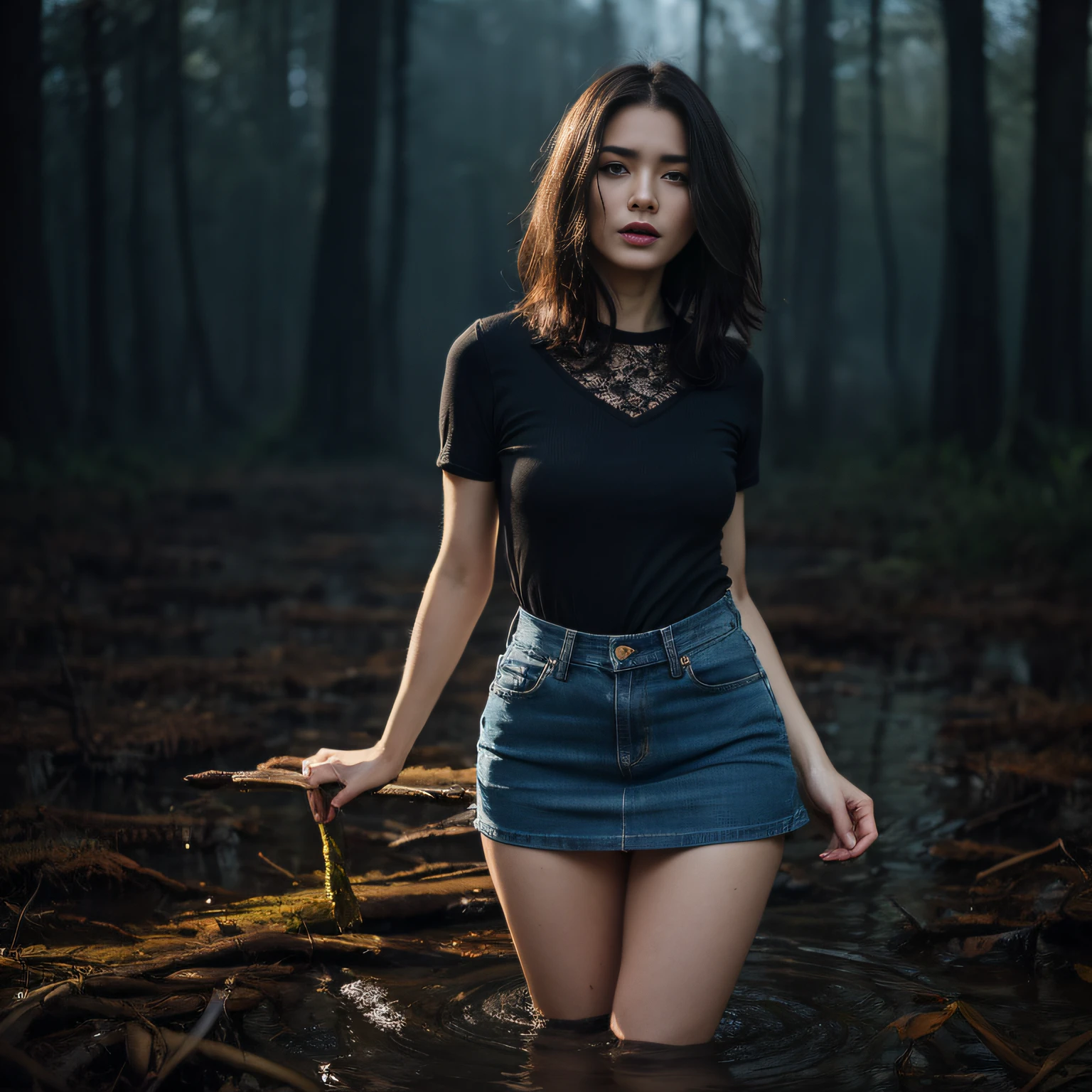 "(Best Quality,hight resolution:1.2),The woman,Expressive wrinkles,Bob haircut,jeans skirt,lace blouse,dark lace stockings with garters, standingn, ( drowning in a swamp:1.2),long eyelashes,expression of despair,Dark and moody lighting, terror. The pose expresses panic and awkwardness"