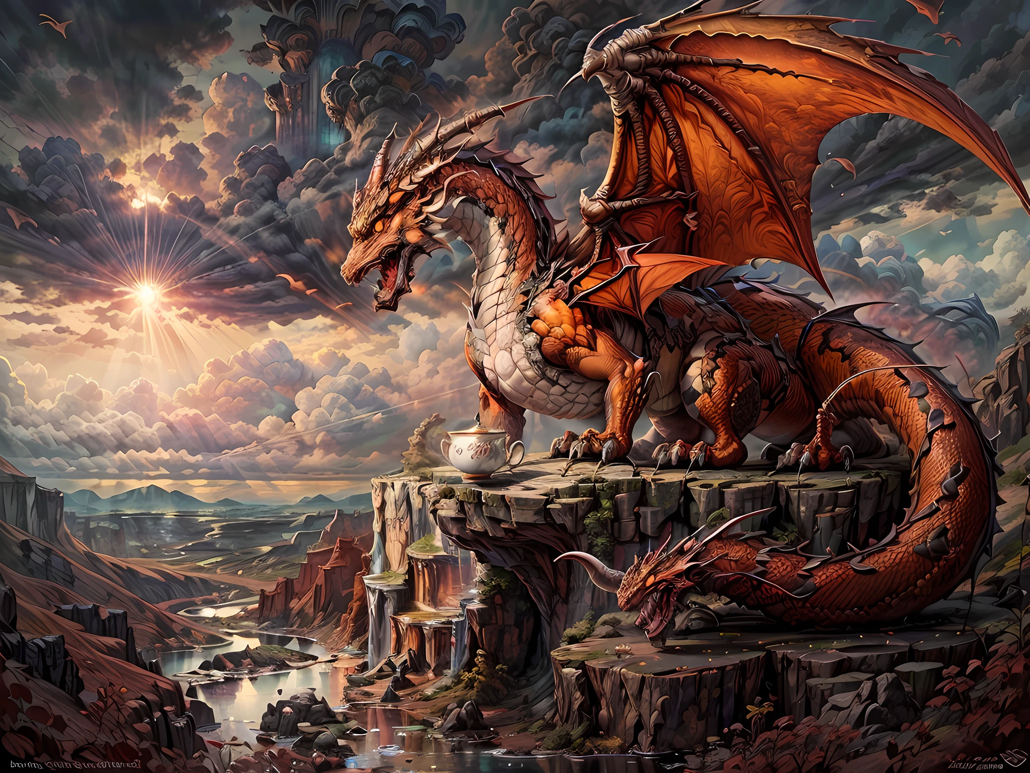 a picture of a red dragon sitting on a massive rock , holding a tea cup (drinking hot tea from a porcelain tea cup: 1.5) (best details, Masterpiece, best quality :1.5), dragon_real cloudy skies background, an epic red dragon (best details, Masterpiece, best quality :1.5) extremely detailed dragon,  horns, dragon_wings, dragon wings wide spread, ultra detailed face,  birds view, sun rays, red divine rays, sun rays reflected in clouds (best details, Masterpiece, best quality :1.5), sense of serenity sense of awe majestic atmosphere, ultra best realistic, best details, best quality, 16k, [ultra detailed], masterpiece, best quality, (extremely detailed), ultra wide shot, photorealism, depth of field, hyper realistic painting,