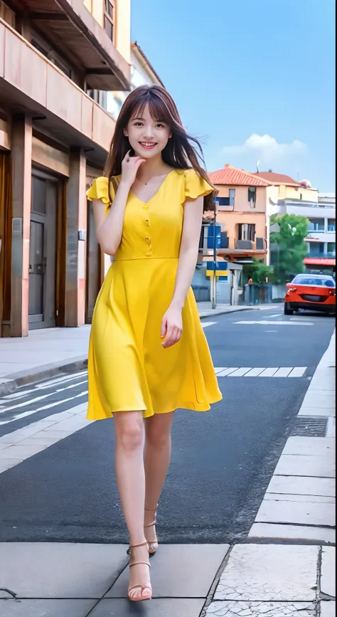 fanart; 1girl in, Wearing a yellow dress，Outdoors, Clear blue sky， ultra-detailliert　Cute Beautiful Girl，Realistic image，Explore the halls of a foreign country，Walking along the sidewalk，High-definition images seen from a distance，Smile while looking at th...