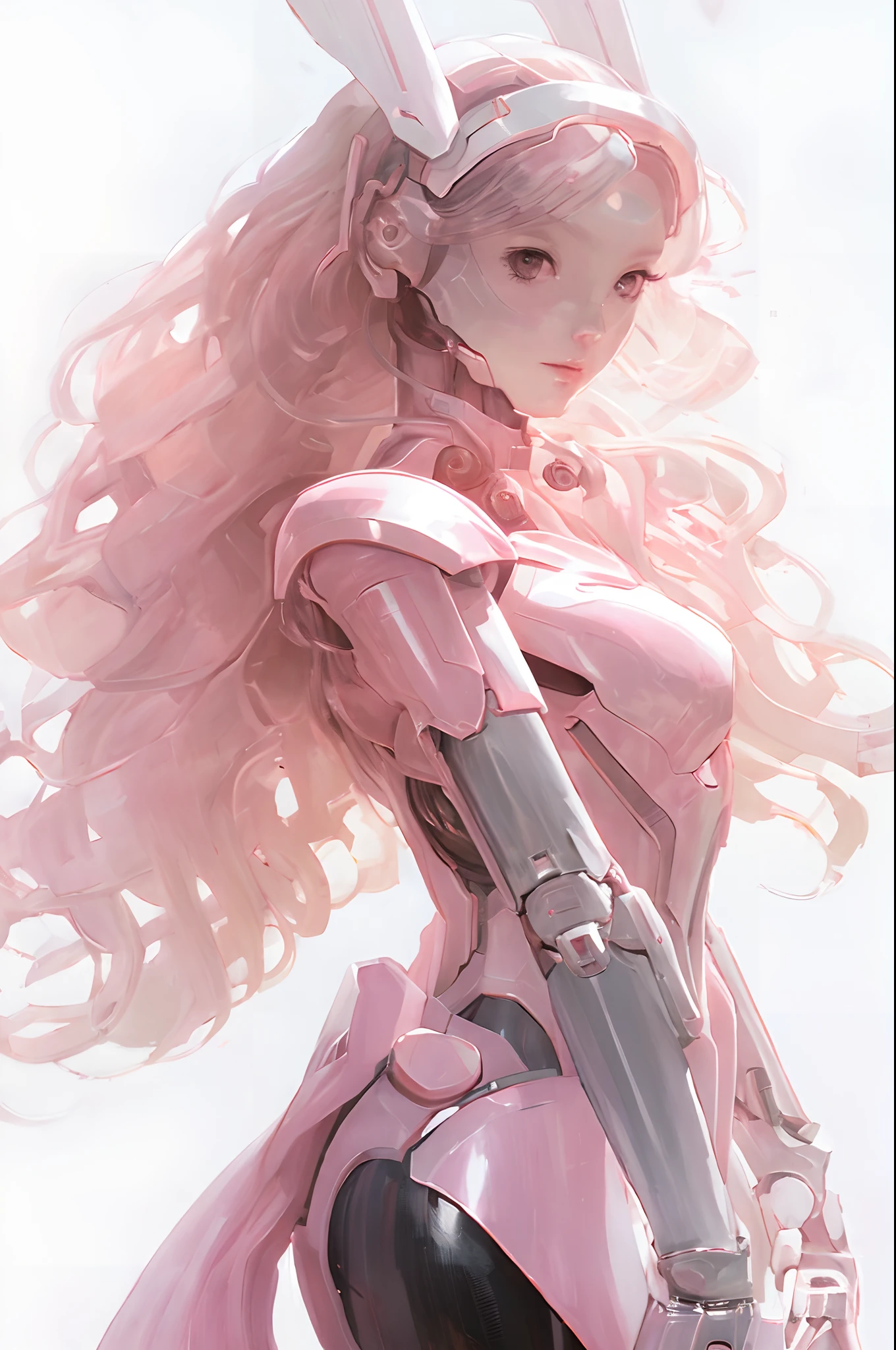 Close-up of a woman holding a sword in a pink costume, Cute cyborg girl, perfect android girl, Beautiful robot character design, beautiful female android!, Ross Tran 8 K, Streamlined pink armor, beautiful girl cyborg, girl in mecha cyber armor, beautiful white girl cyborg, anime robotic mixed with organic, author：ross tran, Cyborg girl