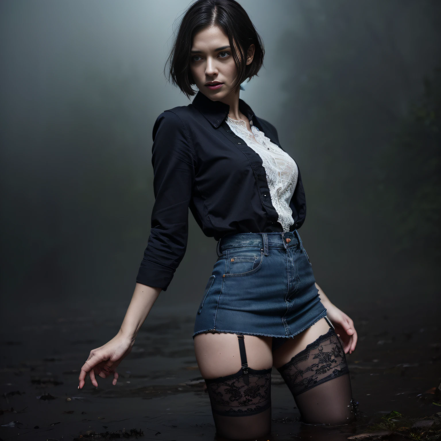 "(Best Quality,hight resolution:1.2),The woman,Expressive wrinkles,Bob haircut,jeans skirt,lace blouse,(lace stockings with garters), standingn, (drowning in a bog:1.2),long eyelashes,expression of despair,Dark and moody lighting, terror. The pose expresses panic and awkwardness"