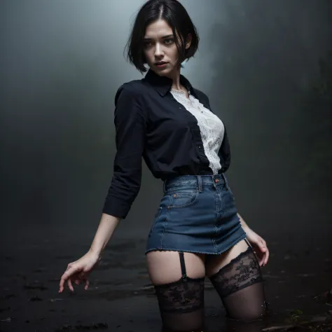 "(Best Quality,hight resolution:1.2),The woman,Expressive wrinkles,Bob haircut,jeans skirt,lace blouse,(lace stockings with gart...