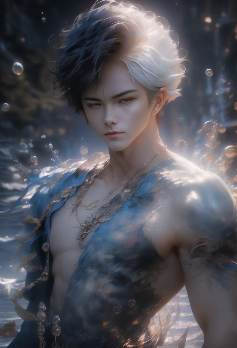 (((God of the seas))) best quality, ultra-high resolution, detailed CG in 4K, merman,asterpiece, black hair, white clothes, storm, Japanese mythology, Japan, ((Next to camera)) ,Shui Mo Hua, Japanese painting style, Thangka Style, aesthetics, beautiful image, depth of field, centered on the screen