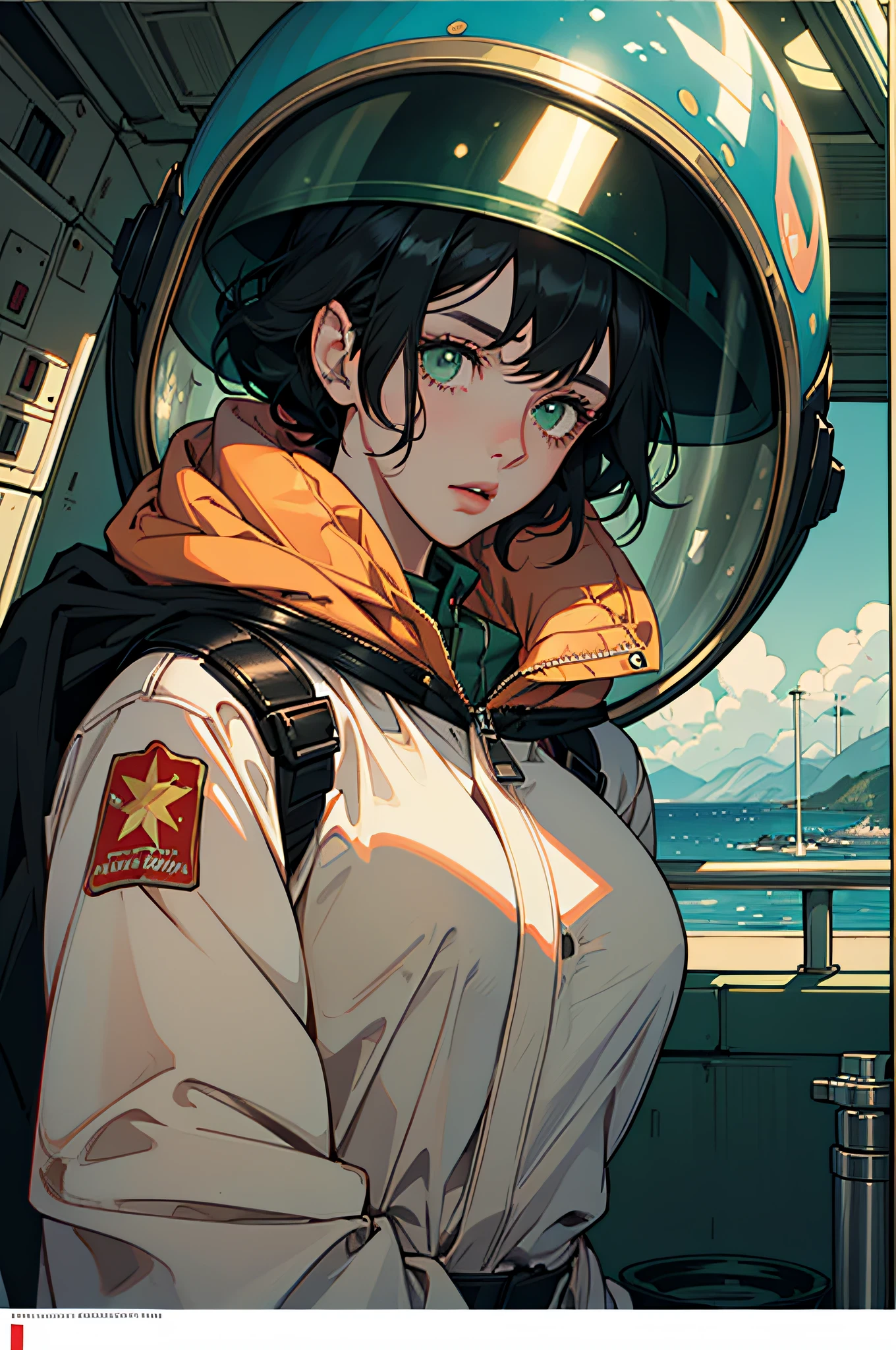 1girl in, Gorgeous green eyes and details, Shiny hair, Black hair, Hair between the eyes, Straight, Screen Center, Looking up at the flat, CCCPposter, On coffee-colored sheets, Style Old News, sovietposter, youthfulness, USSR style, In outer space, the sea of star, Red CCCP letters at the top of the helmet, weightless, side lights, reflection, Reflects sunlight, space suits