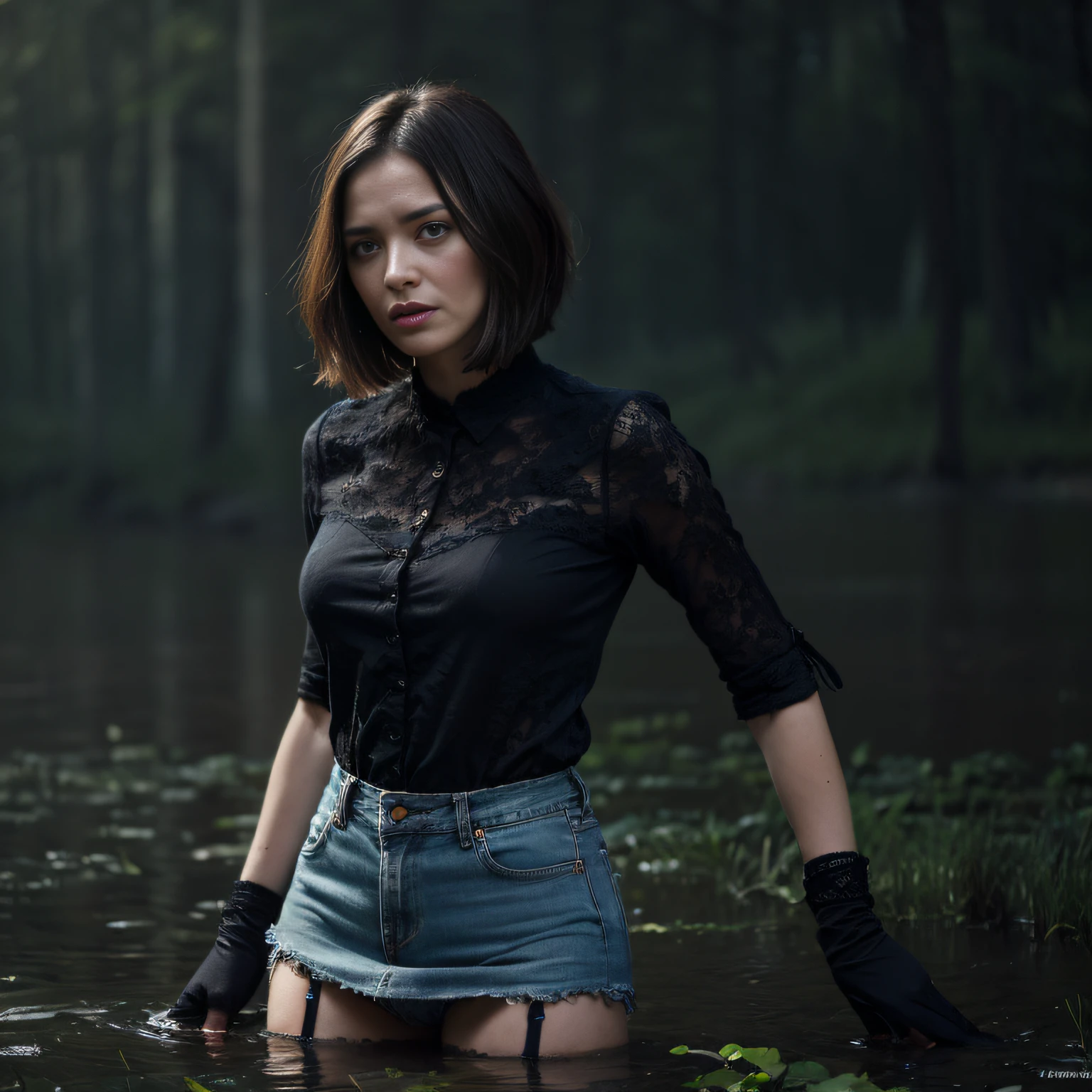 "(Best Quality,hight resolution:1.2),The woman,Expressive wrinkles,Bob haircut,jeans skirt,lace blouse,(lace stockings with garters), standingn, (drowning in a swamp:1.2),long eyelashes,expression of despair,Dark and moody lighting, terror. The pose expresses panic and awkwardness"