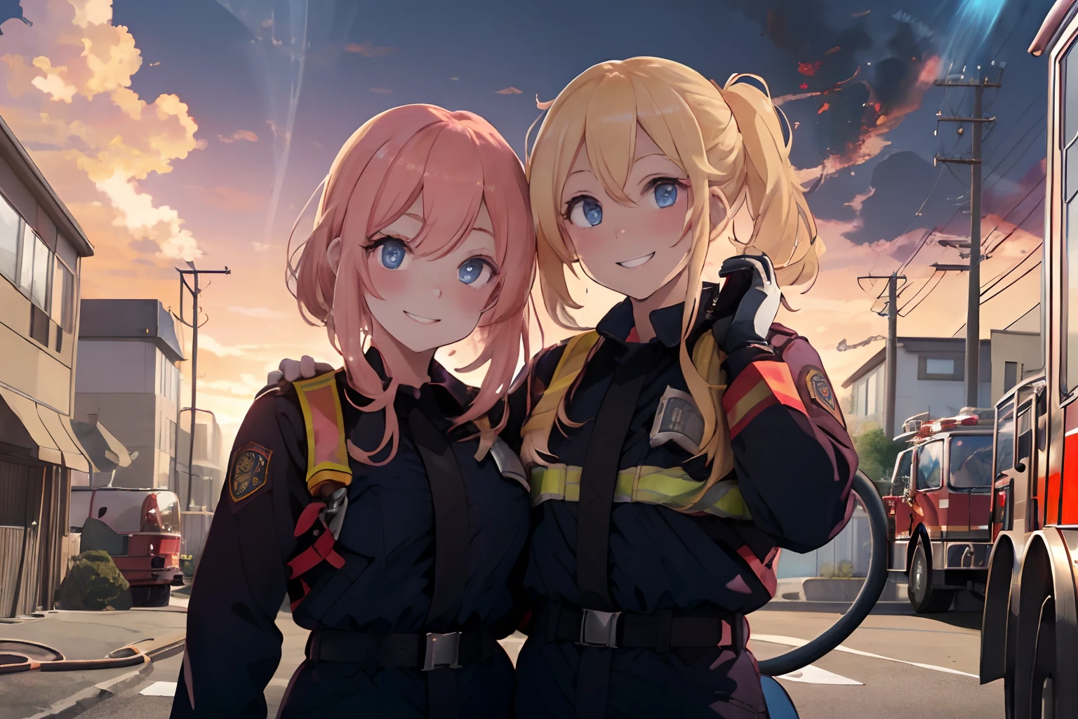 A cityscape lined with multi-tenant buildings,Fire trucks are parked in the vicinity,Dressed as a firefighter,Firefighters are around with hoses and training activities,firefighter suit,Blonde hair with peach inner color,blue eyess,Sunset sky,Pleasant face,Salute side by side with several men,Happy face with multiple people standing shoulder to shoulder,red tide,Smile on his face,AHE Face,Face full of pleasure,