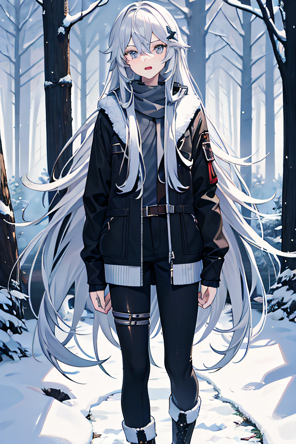 Anime girl in winter clothes standing in a snowy forest - SeaArt AI