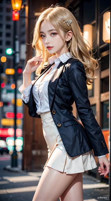 ((knee shot)), Shot from a random perspective, 22-year-old Asian model, slim, Slimming the waist, curlies, 校服, Black blazer, Whi...