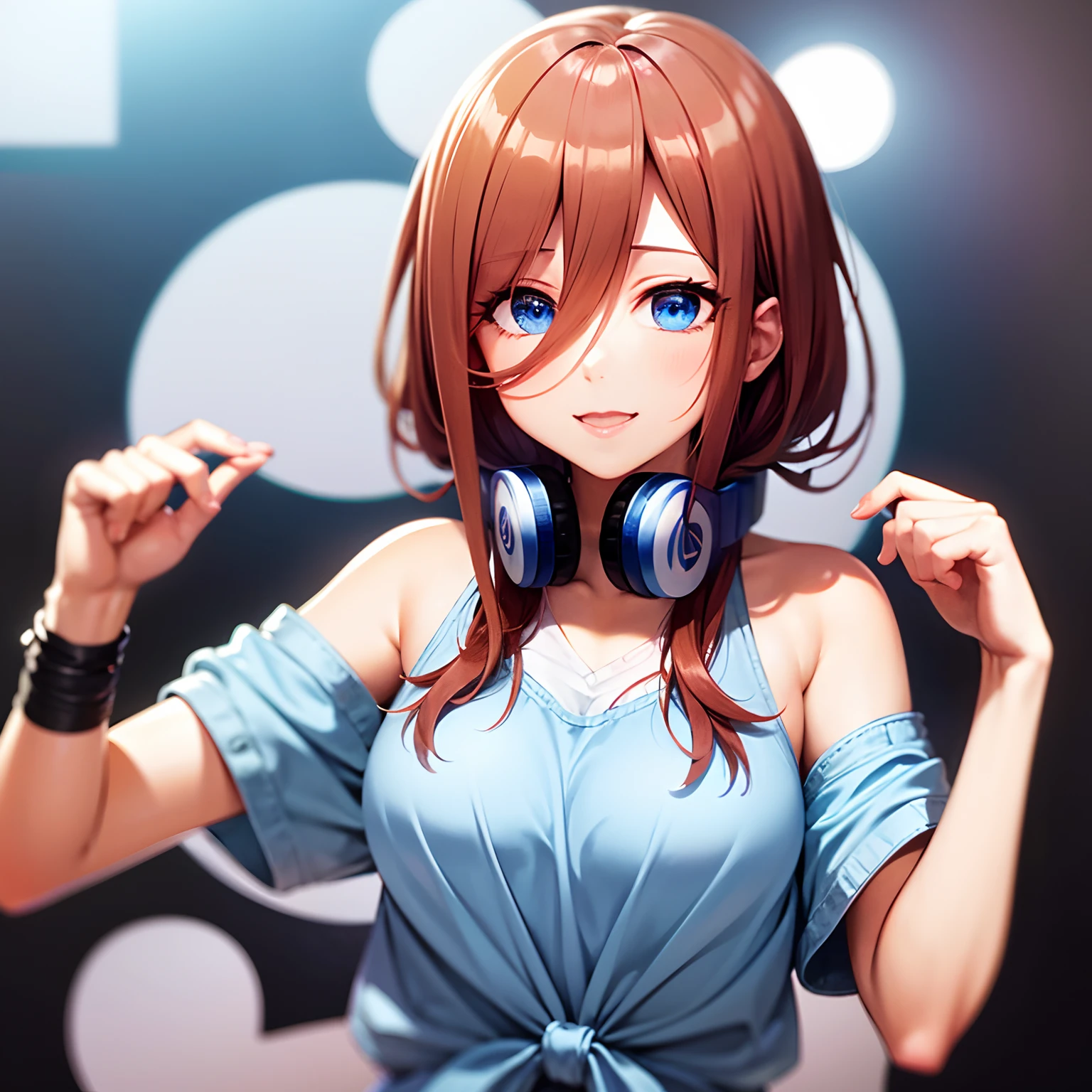 mesa, mejor calidad, 超Una alta resolución, de primera calidad, La novia de los quintos, Miku Nakano, estilo animado, usando auriculares, Cabello que crece hasta los hombros., pelo castaño, Sonríe con sombra, (Yukata azul:1.4), Parte superior del cuerpo, franja verde brillante, 1 chica, patrón de golondrina