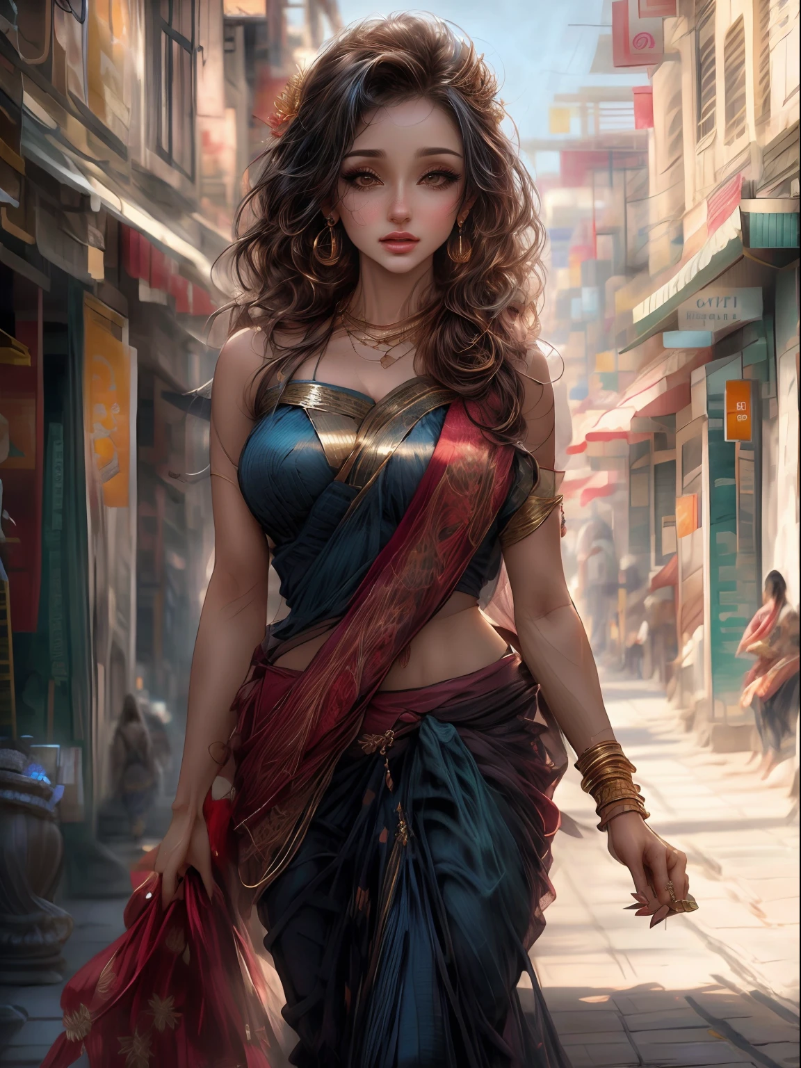 pintura de uma mulher em um sari caminhando pela rua, linda pintura de personagem, inspirado em Magali Villeneuve, linda mulher, linda pintura digital, ilustração digital deslumbrante, linda arte digital, impressionante pintura digital, linda pintura digital, no estilo de artgerm, artista gráfica Magali Villeneuve, Deusa linda, DeviantArt Artstation CGScosiety, pintura digital do mito grego