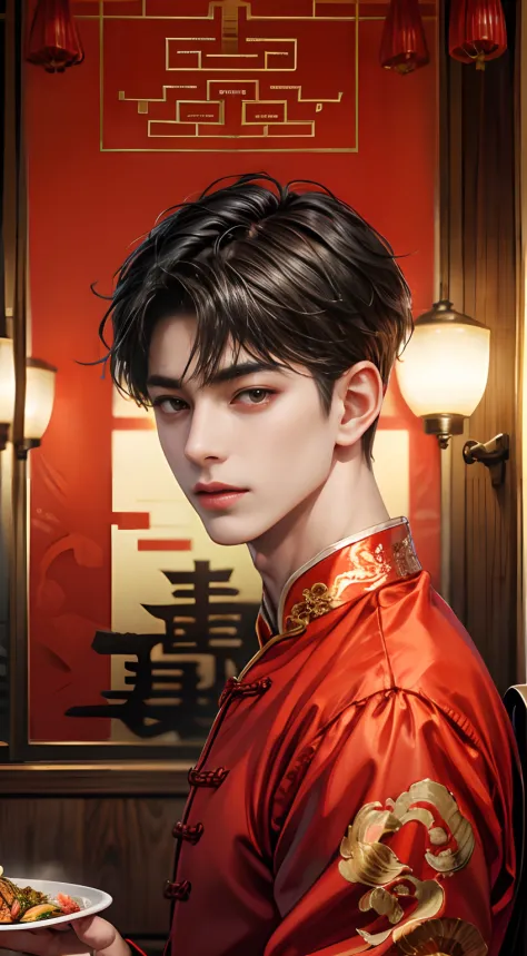 Red china clothes, 1 boy, Solo, Black hair, Short hair, Upper body, Chinese Restaurant, Staring at me