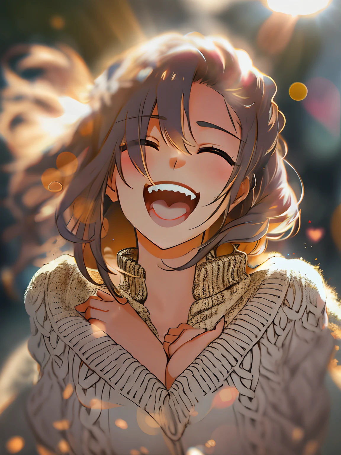 a girl, cosy sweater on, upper body, (huge Laughing:1.1), (open mouth:1.1), (wide open eyes:1.2), sun glare, bokeh, depth of field, blurry background, light particles, strong wind, (heart particles:1.1)