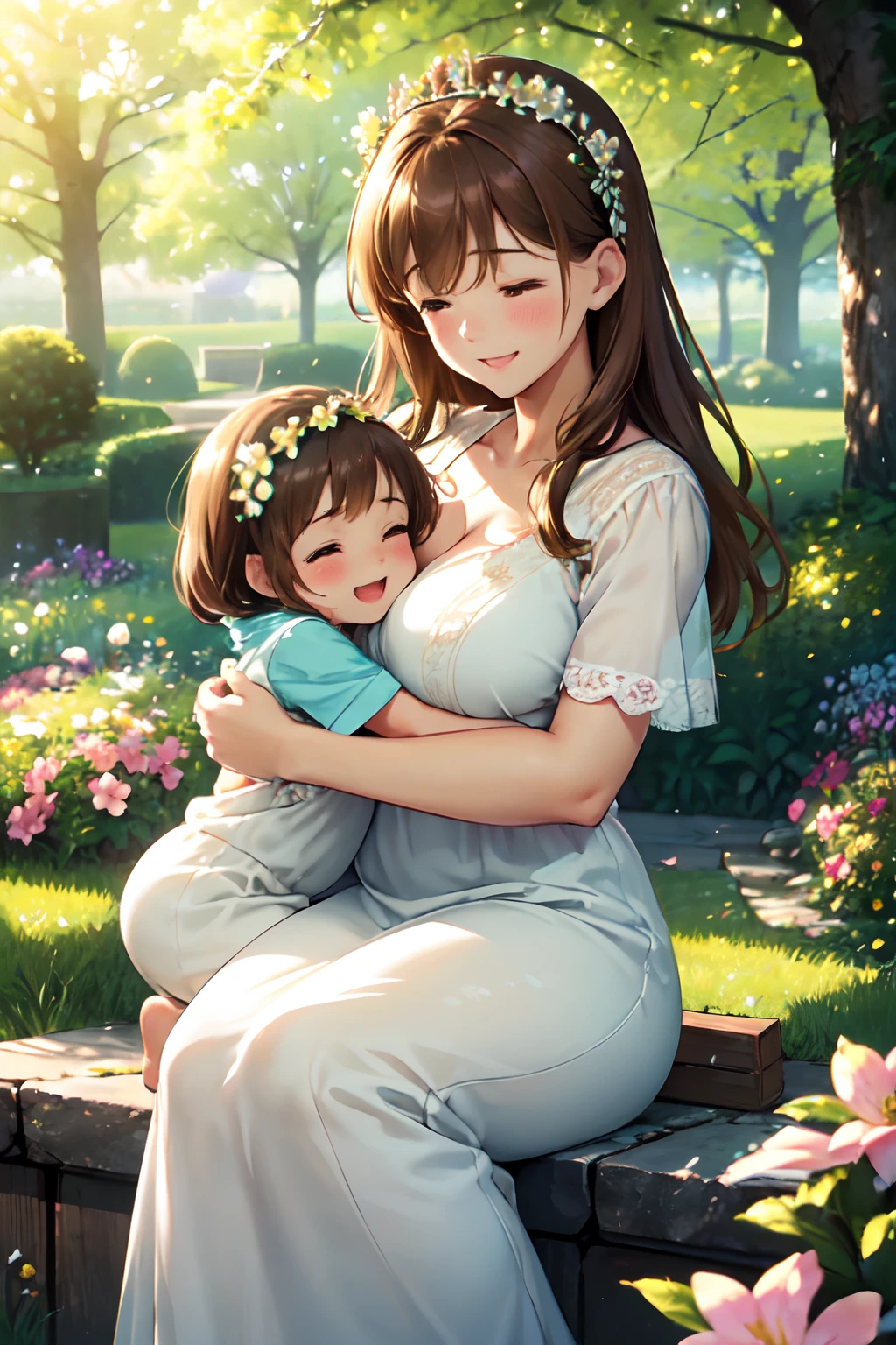 (High quality, High resolution, Fine details, Realistic), (happy child), light brown hair, (flowers crown), (mother-child bond), gorgeous flowers, colorful garden, happy atmosphere, (Curvy women), light brown hair, sparkling eyes, (Detailed eyes), mother's smile, blush, Large breasts, Sweat, Oily skin, sunlight filtering through trees, soft lighting, natural surroundings, vibrant colors, gentle breeze, family love, mother's embrace, springtime, greenery, fresh blossoms, warmth, blissful, affection, joyful expression, laughter, serene ambiance, adorable, heartwarming, happiness filled air, Shallow depth of field