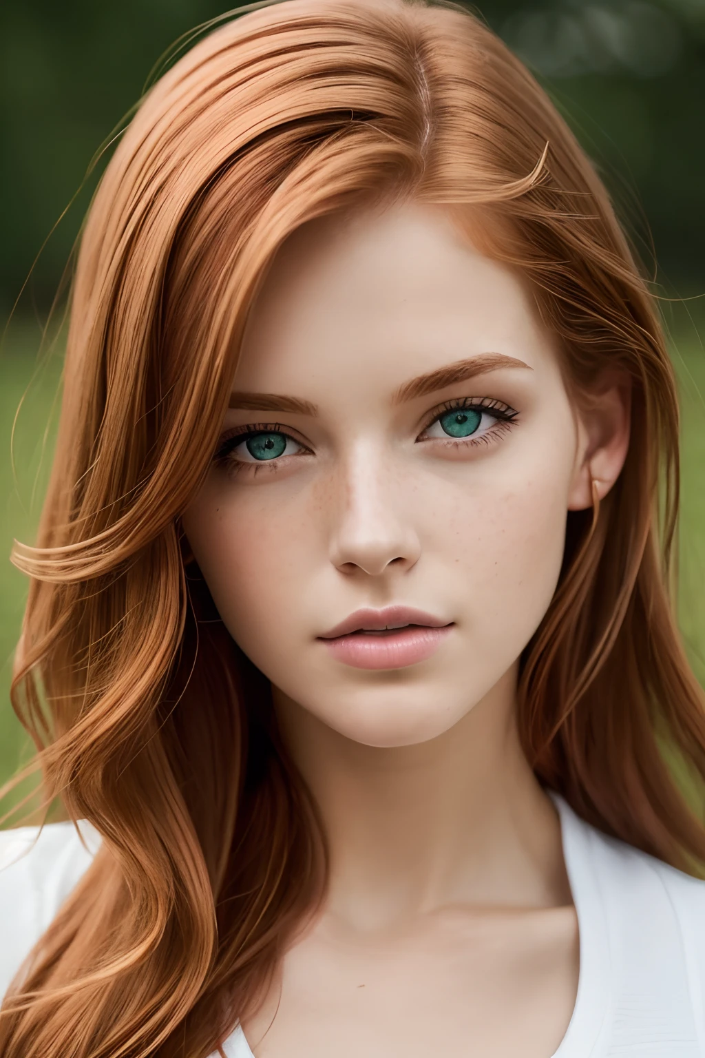 (close-up editorial photo of 20 yo woman, ginger  hair, slim American sweetheart), (freckles:0.8), (lips parted), realistic green eyes, POV, realistic[:, (film grain, 25mm, f/1.2, dof, bokeh, beautiful symmetrical face, perfect sparkling eyes, well defined pupils, high contrast eyes, ultra detailed skin, skin pores, vellus hair, fabric stitching, fabric texture, wood grain, stone texture, finely detailed features:1):0.9]