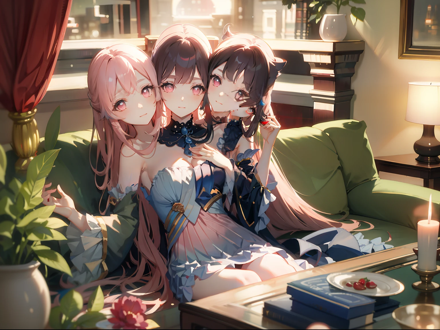 (masterpiece, best quality), best resolution, (3heads:1.5), 1girl, kokomi character, very long body-length hair, pink eyes, eyes partially open, long dress, lying on a couch, relaxing, living room, apartment overlooking a fantasy underwater city, sunset