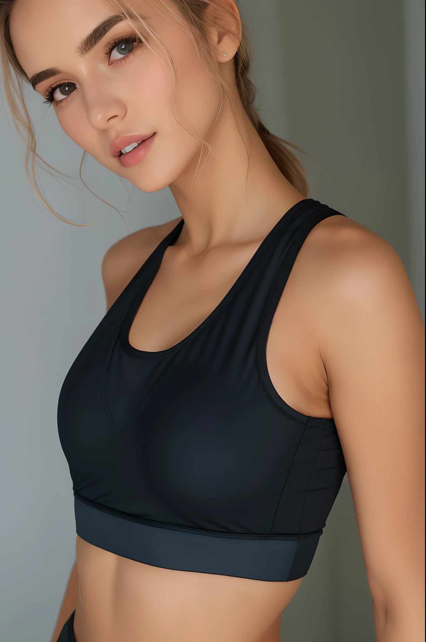 arafed woman in a black sports bra top posing for a picture, detailed sports  bra, Esporte bom, sports bra, brassier - SeaArt AI