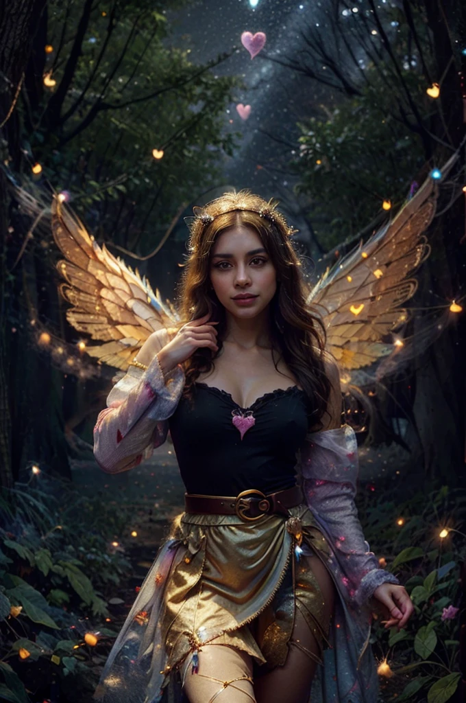 fairy,Wearing Cupid's Robe,white with brown and gold belt and fuchsia sleeves,beautiful,detailed eyes and face,longeyelashes,masterpiece:1.2,ultra-detailed,photorealistic:1.37,studio lighting,HDR,professional,vivid colors,portraits,fantastic colors,soft lighting,ethereal atmosphere,delicate wings,charming smile,golden crown,enchanted forest,floating in mid-air,magical glow,with a wand in her hand,dancing with fireflies,sparkling stars in the background