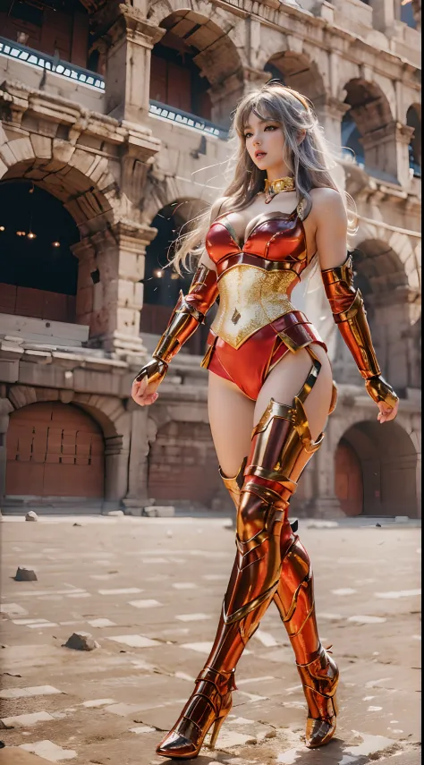 In the martial arts arena of the Colosseum in Greece、Martial Arts Tournaments、Saint Seiya、Beautiful One Girl、huge-breasted、cleavage of the breast、beauty legs、(((He wears a glittering futuristic combat armor in metallic red)))、Shining silver chains are conn...