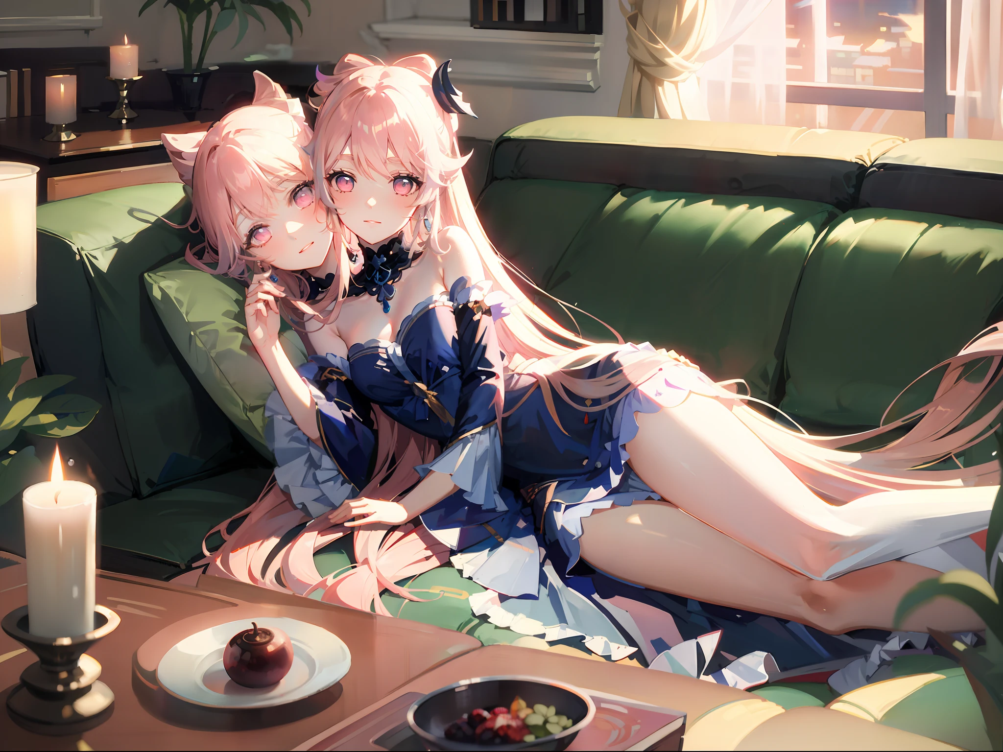 (masterpiece, best quality), best resolution, (3heads:1.5), 1girl, kokomi character, very long body-length hair, pink eyes, eyes partially open, long dress, lying on a couch, relaxing, living room, apartment overlooking a fantasy underwater city, sunset