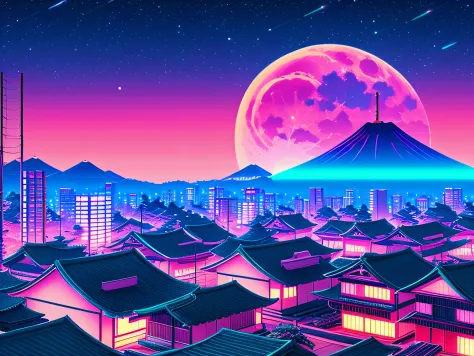 Synthwave japanese town with moon background, sharp focus, 8 k, high details