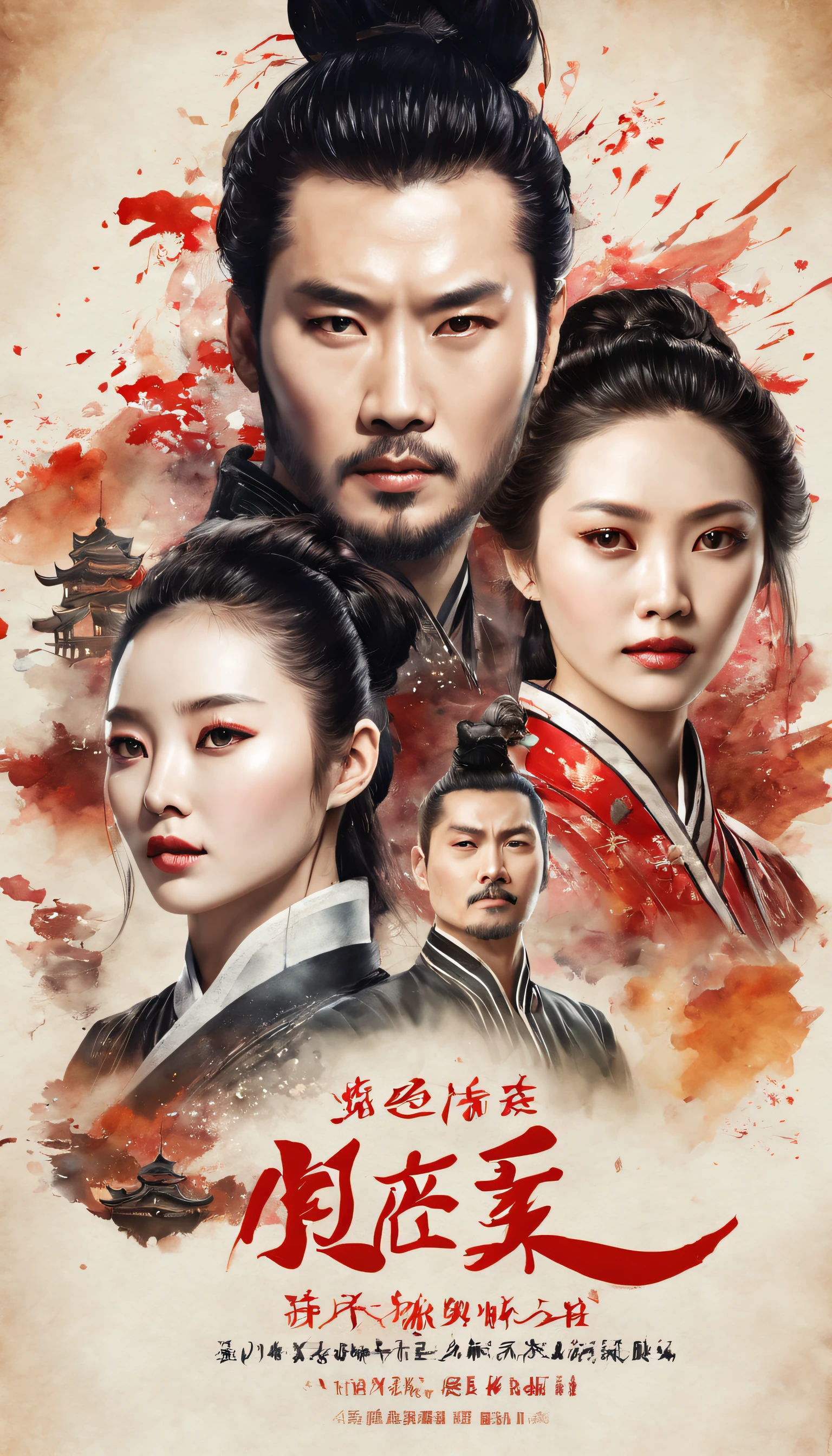 (Movie poster style:1.5), (Movie poster:1.5), (ink and watercolor painting:1.5), (Tasteful:1.5), (ink and watercolor painting:1.5), (Chinese style:1.5), (Full color:1.5), 8K, 4K, (magic:1.5), (dripping paint;1.5), （Period drama poster:1.3), (Wu Zetian:1.5), (War:1.5), (movie title:1.5), (logo:1.5), (text:1.5), (Period drama background:1.5), (Half is the face of the king，Half is the face of the queen:1.5),((text:2)),