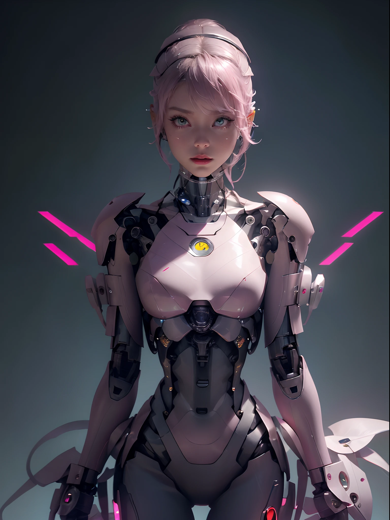 Close-up of a woman holding a sword in a pink costume, Cute cyborg girl, perfect android girl, Beautiful robot character design, beautiful female android!, Ross Tran 8 K, Streamlined pink armor, beautiful girl cyborg, girl in mecha cyber armor, Beautiful white girl cyborg, anime robotic mixed with organic, author：ross tran, Cyborg girl
Wait for it to boot up