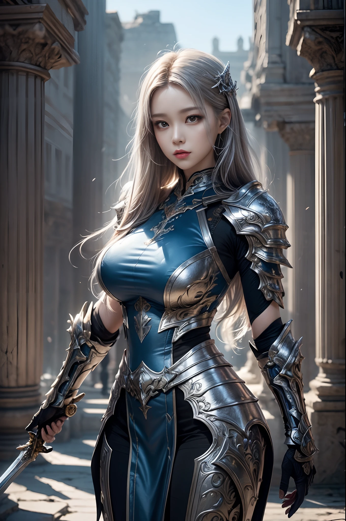 Ultra detailed, beautiful, masterpiece, best quality, detailed beautiful round eyes, beautifully detailed face, medium long hair, a woman in a silver and blue dress, chengwei pan on artstation, by Yang J, detailed fantasy art, stunning character art, fanart best artstation, epic exquisite character art, beautiful armor, extremely detailed artgerm, full details armor, holding a sword, detailed digital anime art, artgerm on artstation pixiv, armor girl, (massive breasts, (huge breasts:1.1), thick boobs, thick waist), (wide hips:1.4, tight thighs, body curvy), young woman, ancient ruins, beautiful background