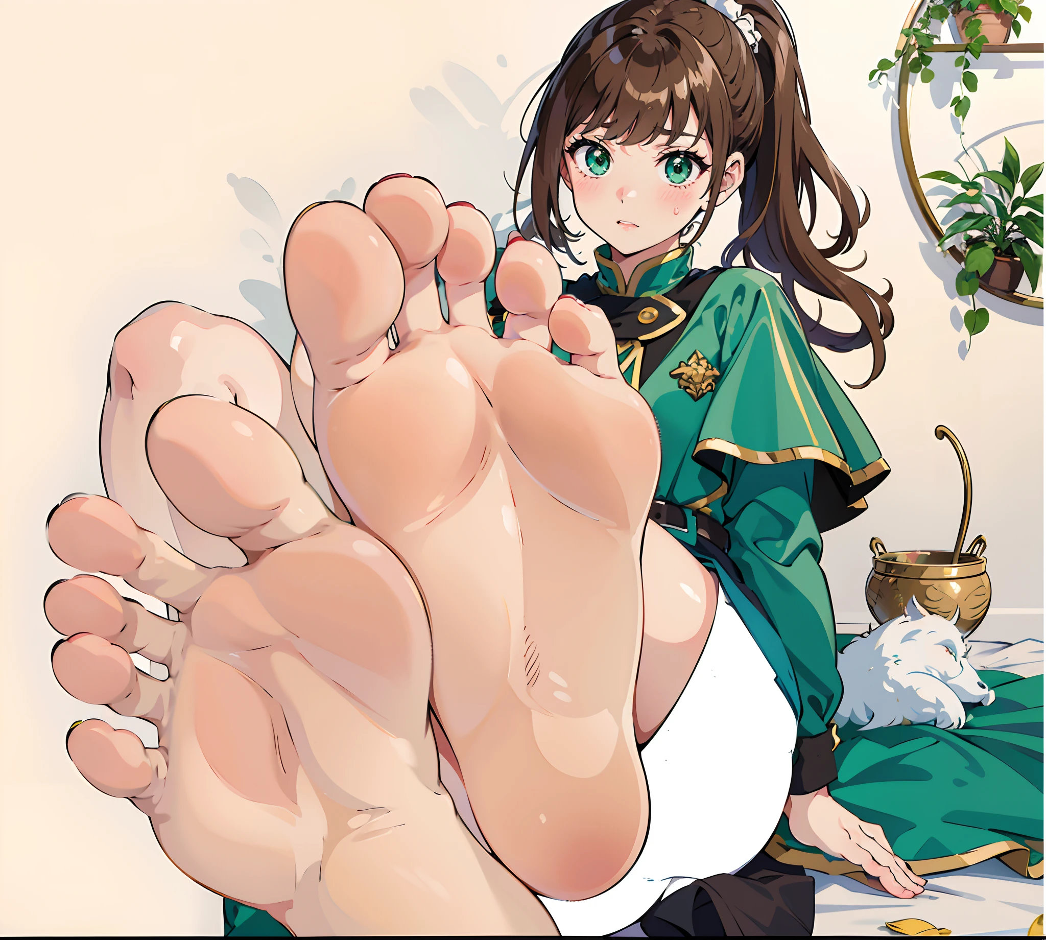 Anime girl with big feet and green eyes sitting on a bed - SeaArt AI