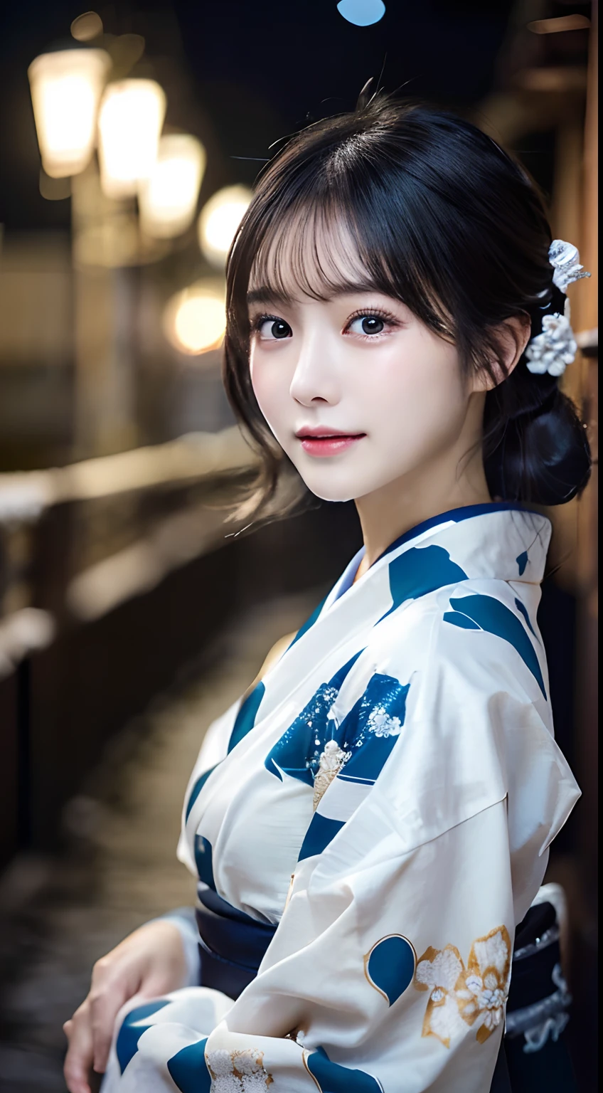 (Kimono)、(top-quality,​masterpiece:1.3,超A high resolution,),(ultra-detailliert,Caustics),(Photorealsitic:1.4,RAW shooting,)Ultra-realistic capture,A highly detailed,high-definition16Kfor human skin、 Skin texture is natural、、The skin looks healthy with an even tone、 Use natural light and color,One Woman,japanes,,kawaii,A dark-haired,Middle hair,(depth of fields、chromatic abberation、、Wide range of lighting、Natural Shading、)、(Exterior light at night:1.4)、(Falling snow:1.2)、(Hair swaying in the wind:1.1)、(Light reflecting snow:1.2)