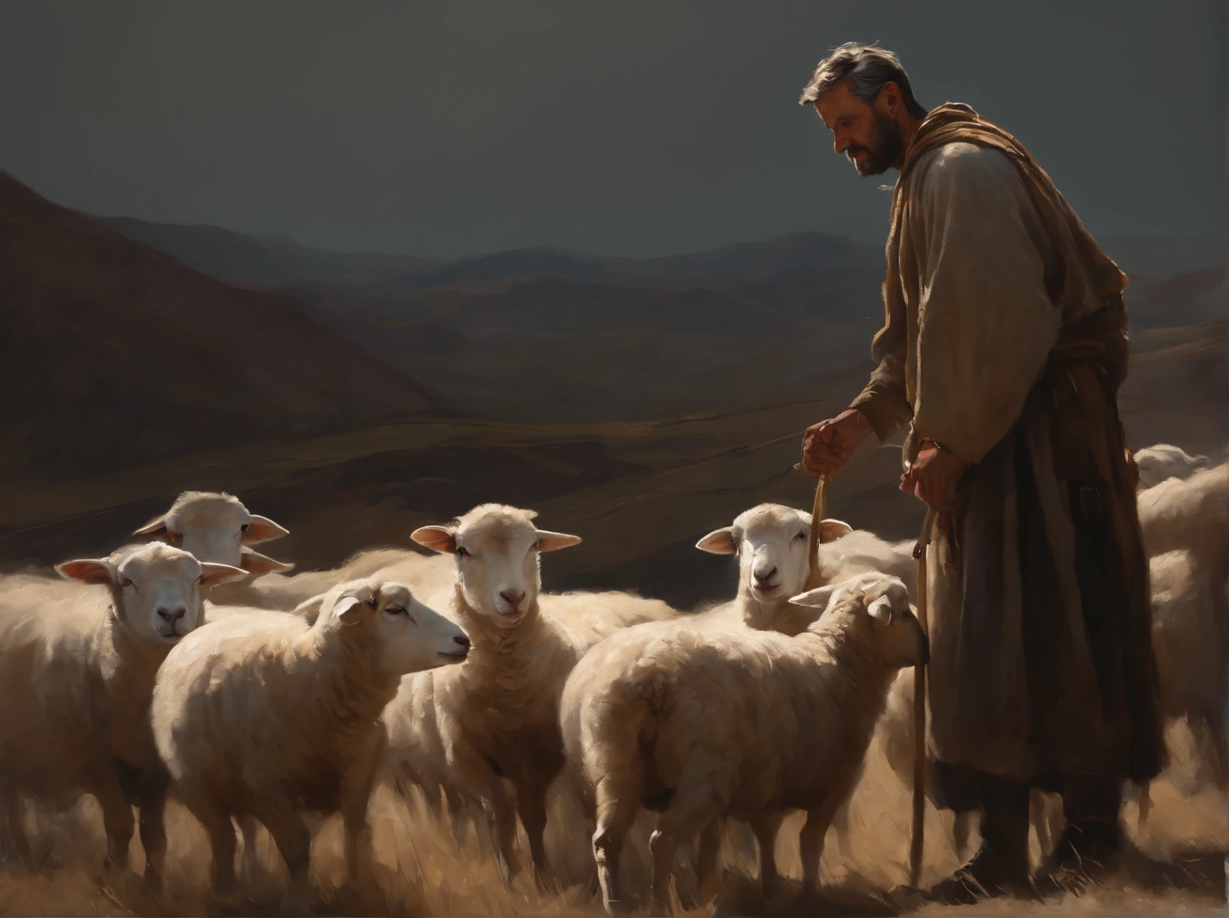 full length photo of a shepherd tending his sheep, majestic welcoming ...