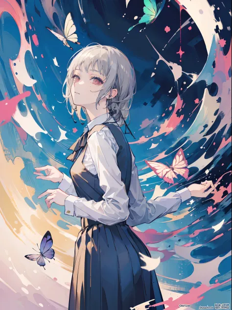 (masterpiece, top quality, best quality,official art:1.2),(1girl:1.3), gray hair, butterflys