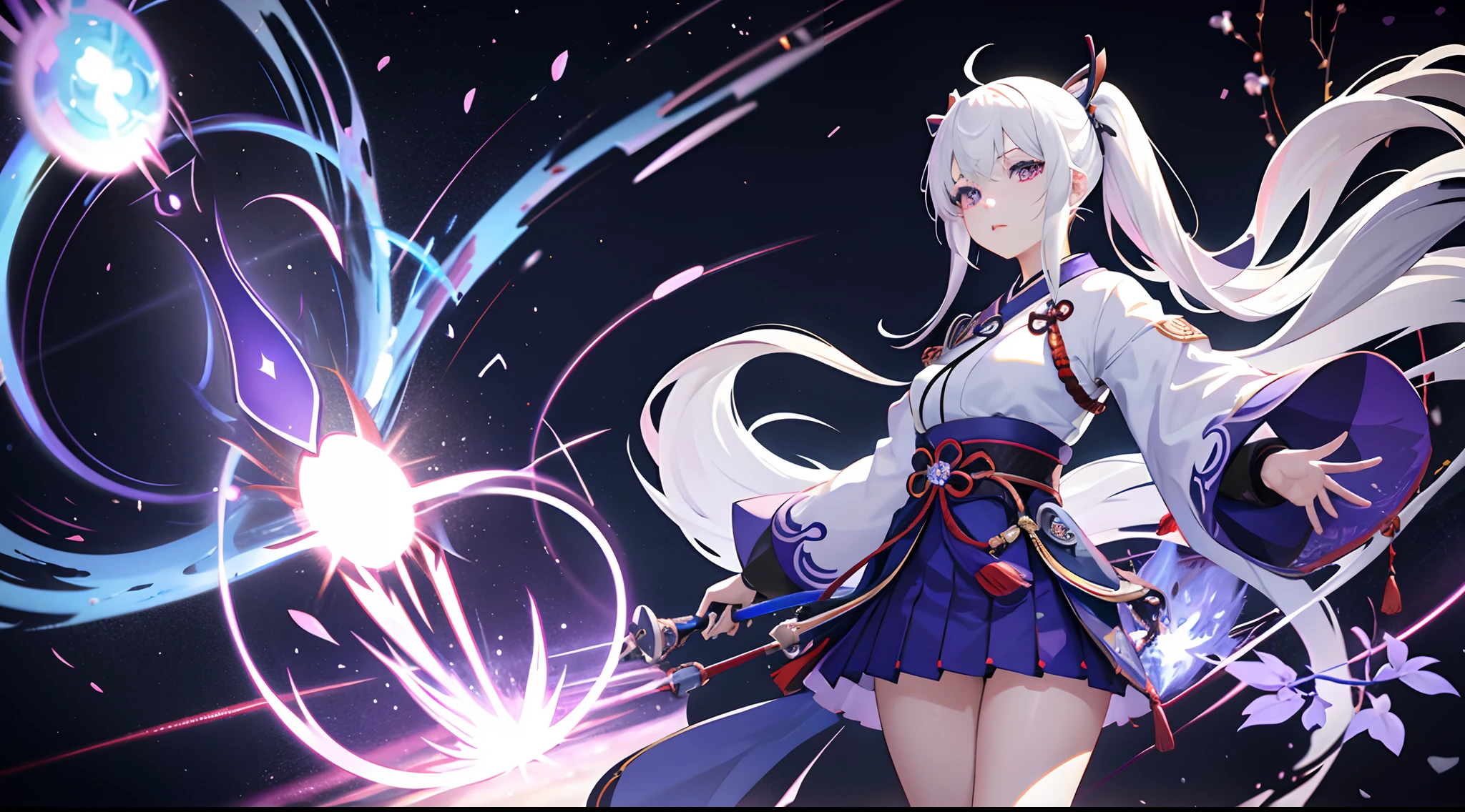 1girll, Japanese clothes, pony tails ,White hair, Purple eyes, Magical Circle, bluefire, blue flame, the wallpaper, landscape, Blood, blood spatter, Depth of field, Night, Light particles, Light rays, side-lighting, Thighs, fate \(Series\), Genshin Impact, ****, Open jacket, Skirt, upper legs, Cloud