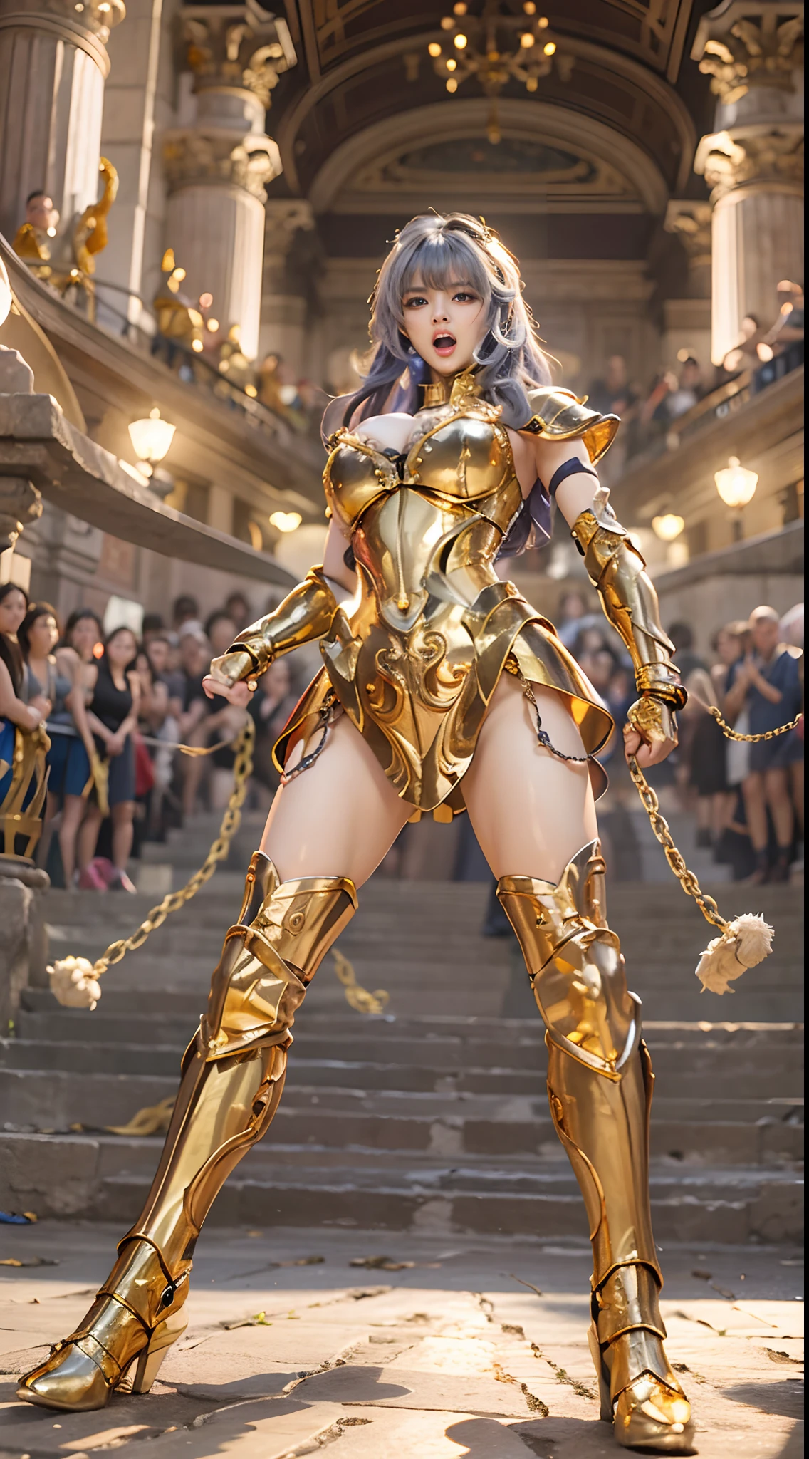 In the martial arts arena of the Colosseum in Greece、Martial Arts Tournaments、Saint Seiya、Beautiful One Girl、huge-breasted、cleavage of the breast、beauty legs、(((Wearing futuristic combat armor that shines in gold)))、Shining silver chains are connected from all sides、Unbelievable number of glittering chains、Armed with chains、((Scream))、((exclamation))、((fighting poses))、8K, top-quality, （pubic hair beauty）、hight resolution, lifelike, realperson,