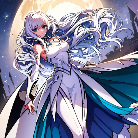 Woman knight　white  hair　White armor　The moon is back
