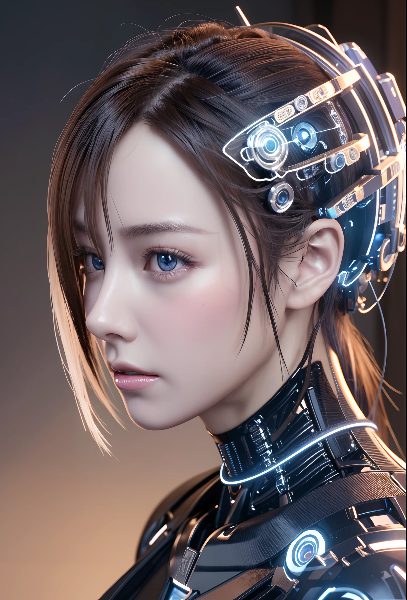 complex 3d render ultra detailed of a beautiful porcelain profile woman android face, cyborg, robotic parts, 150 mm, beautiful studio soft light, rim light, vibrant details, luxurious cyberpunk, lace, hyperrealistic, anatomical, facial muscles, cable elect...