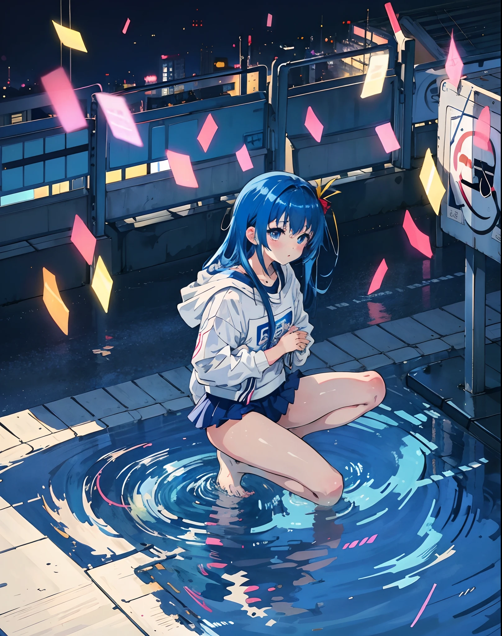 Anime girl kneeling in water with umbrellas flying around - SeaArt AI