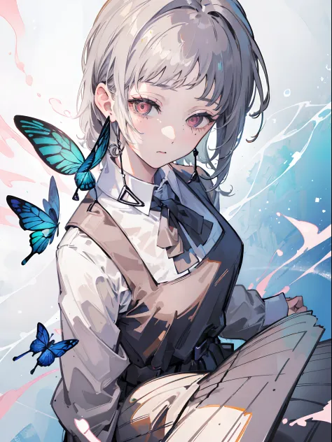 (masterpiece, top quality, best quality,official art, beautiful and aesthetic:1.2),(1girl:1.3), gray hair, butterflys