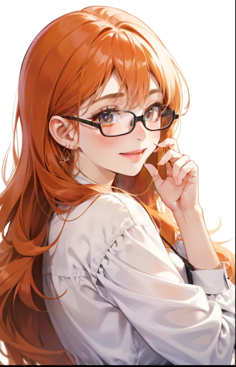 girl with、Background white、without background、Orange hair、The long-haired、with blush cheeks、Long sleeve white shirt、frilld、eye glass、wears glasses、Smiling、kawaii、without background