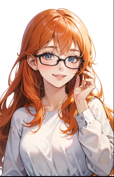 girl with、Background white、without background、Orange hair、The long-haired、with blush cheeks、Long sleeve white shirt、frilld、eye glass、wears glasses、Smiling、kawaii、without background