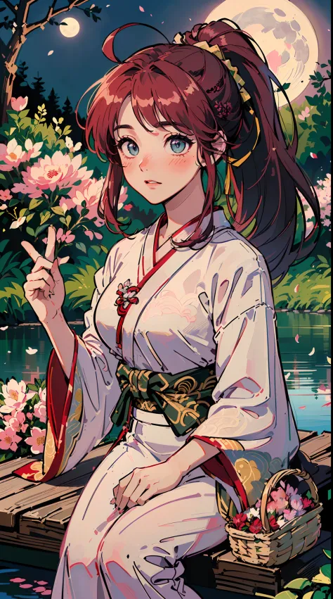 (((((((a large basket of flower,Blushing,winked,cute cheeks,burgundy hair，black intricate brocade hanfu))))))，((1girl,Solo,under...